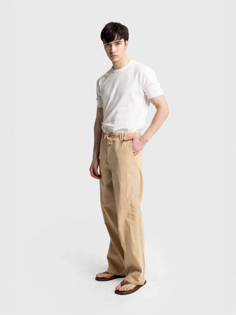 Giesto Tan Natural GIESTO Men's Regular Fit Drawstring Waist Poplin Pants with Embroidery for Men | Best Price UAE
